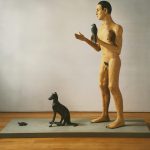Sculpture by British artist John Davies, titled "Consolations (Garden Man, Bird, Dog and Tortoise", produced 1994-97.
