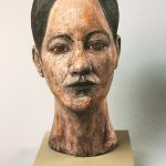 Sculpture by British artist John Davies, titled "Flemish Head", produced 1991.
